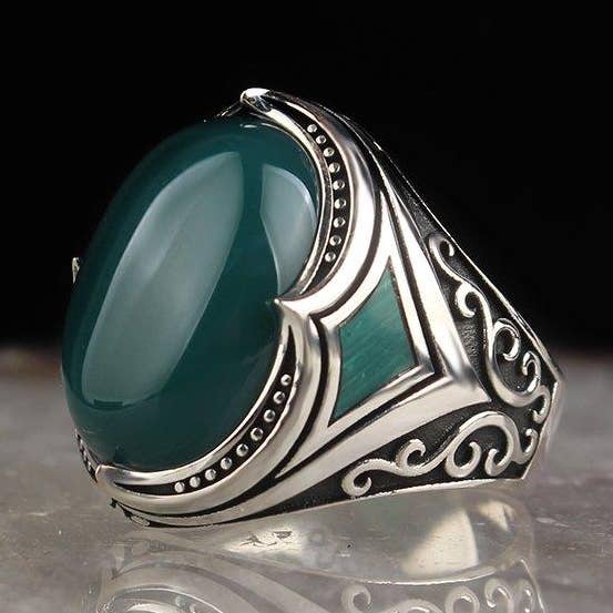 Green Aqeeq Ring Sterling Silver for wholesale by Ephesus Jewelry