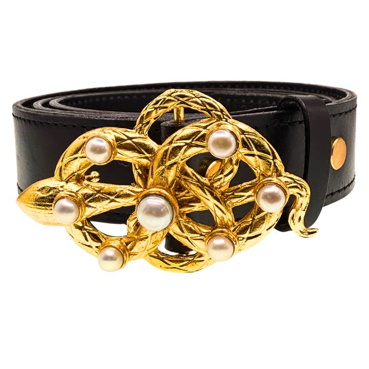 Bijoux Buckles - Wholesale Belt - Women's - LE SERPENT (Snake) Freshwater Pearl Cabochon Gold Buckle + Lined Buttero Leather Belt
