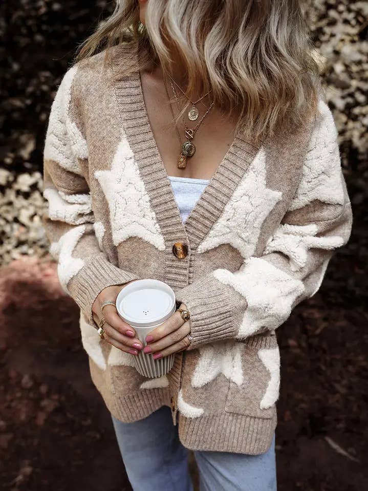 Lovesoft - Wholesale Cardigan - Women's - Pink Sherpa Star Knit Button Cardigan with Pockets0