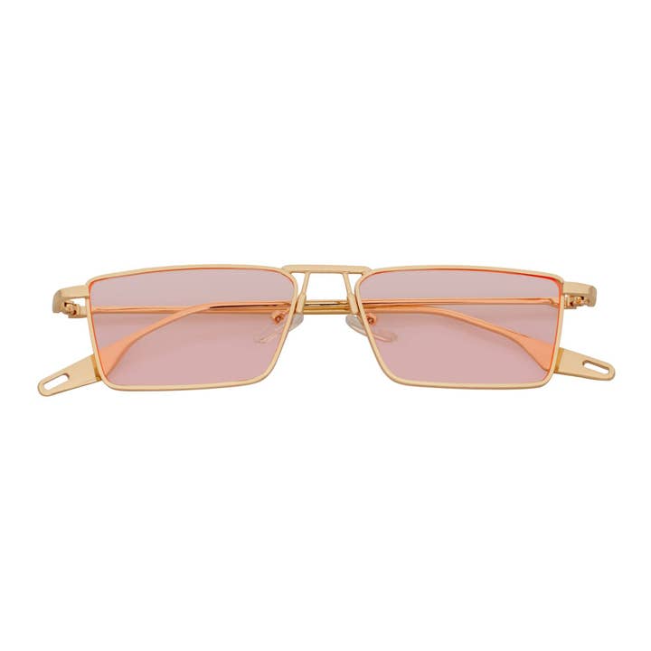 ZUIKO - Petites lunettes de soleil rectangulaires en métal rétro des années 90 avec teinte rose doré pour la vente par Morspecs