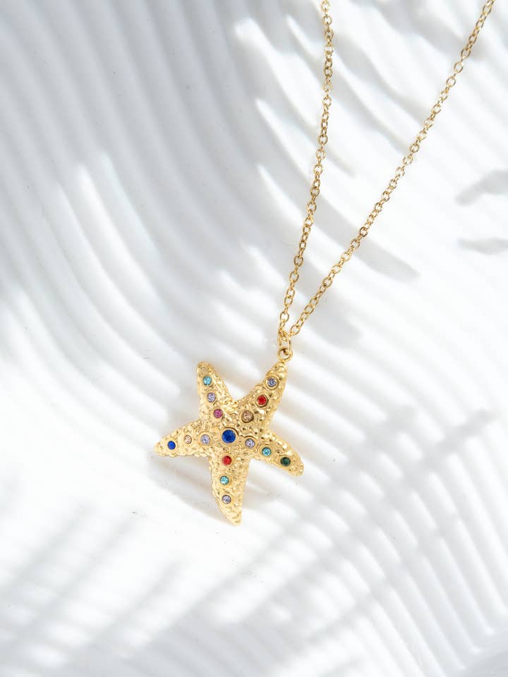 Stainless steel starfish necklace with multicolored stones for wholesale by COSMOS
