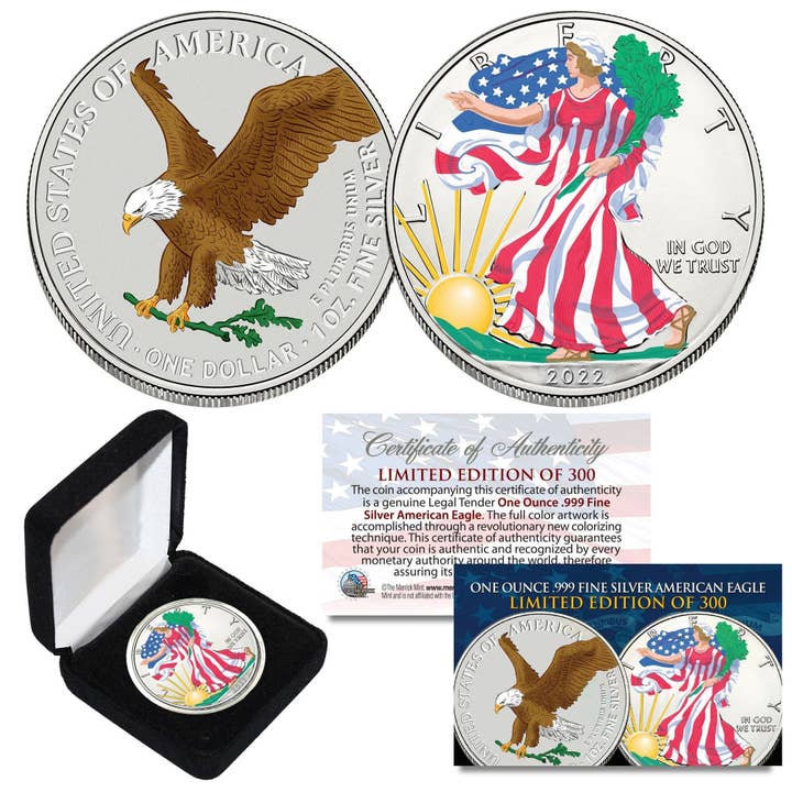 2022 Colorized 2-Sided 1 Oz .999 Silver American Silver Eagle Coin W/Box - Fast, Free Shipping To U.S. for wholesale by The Merrick Mint