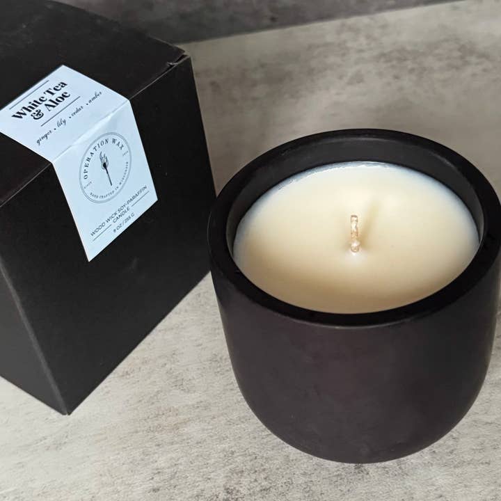 White Tea & Aloe Scented Candle - Cement Jar, 9 oz for wholesale by Operation Wax