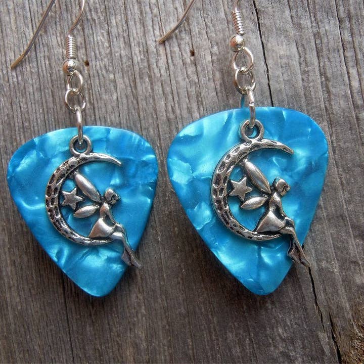 Simply Raevyn - Wholesale Dangle Earrings - Fairy on the Half Moon Charm Guitar Pick Earrings26