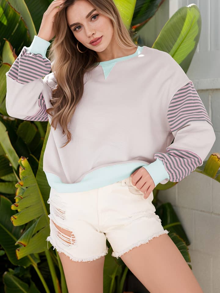 Sudadera de hombros caídos con bloques de color a rayas y parches para venta al por mayor de PartyEight