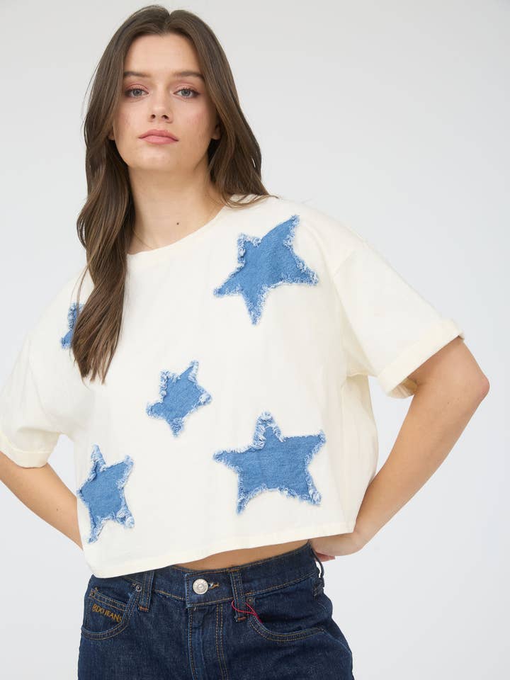 DENIMSTJÄRNA PATCH KORTÄRMAD STICKAD T-SHIRT för wholesale av Blu Pepper