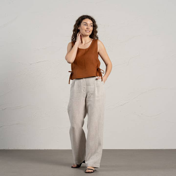 menique - Vente Chemisier – femme - Haut court en lin avec rubans latéraux Audrey - Haut d'été blanc1