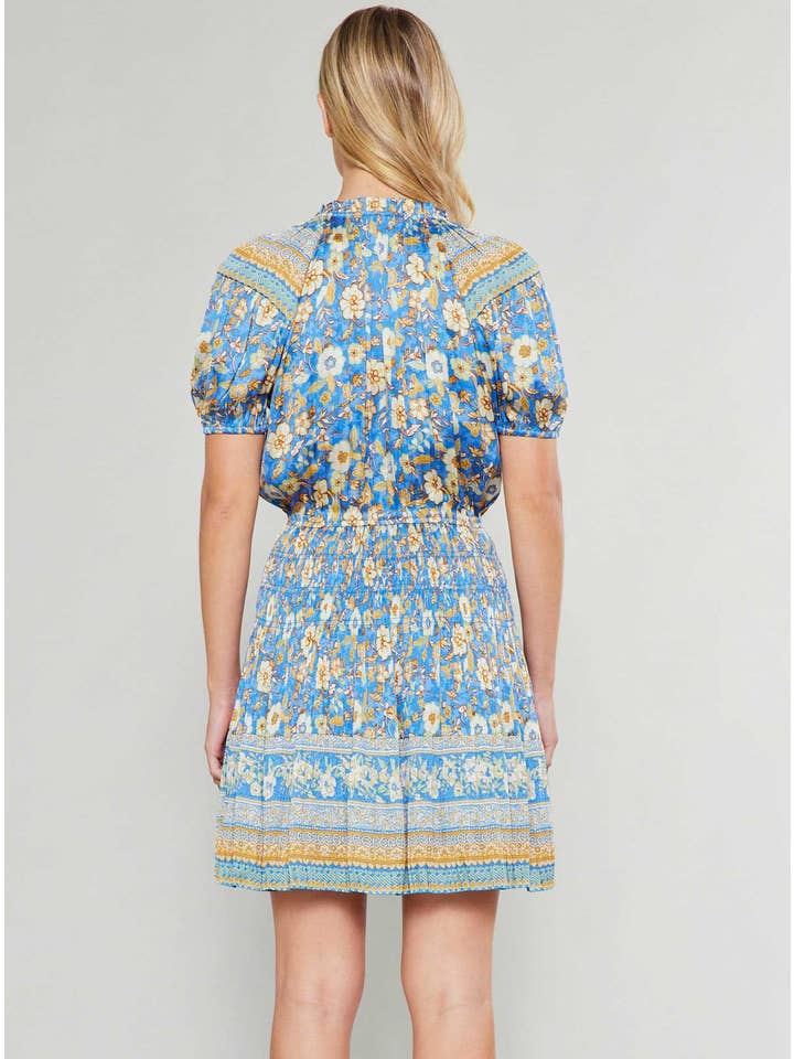 Blue Sand Border Printed Pleats Mini Dress for wholesale on Faire