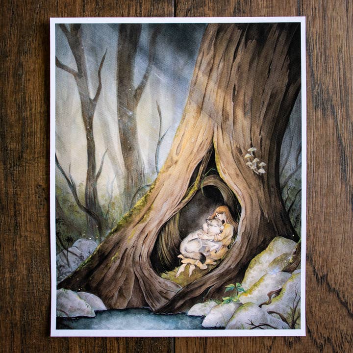 Impression d'art fine "Fille avec loup" 8"x10" | "Berceuse du loup" pour la vente par ANR Illustrations