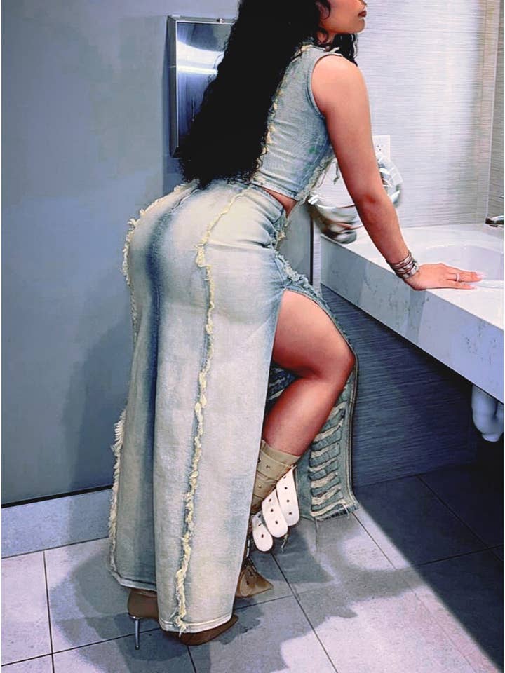 Blue Fashionable Denim Ripped Vest Slit Skirt Two-Piece Set for wholesale on Faire