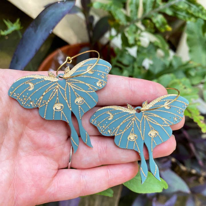 Moth Hoop Earrings | Luna Moth Earrings in Matte Sage Green & Gold for wholesale by Quirky Bird