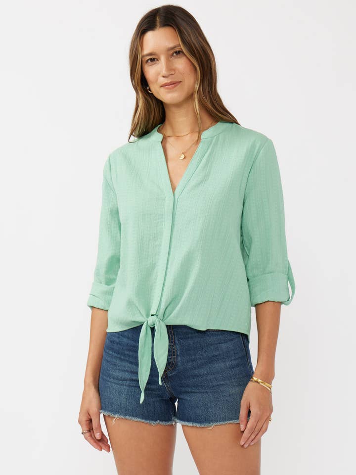 Embroidered Front Knot Long Sleeve Blouse for wholesale by Lovestitch