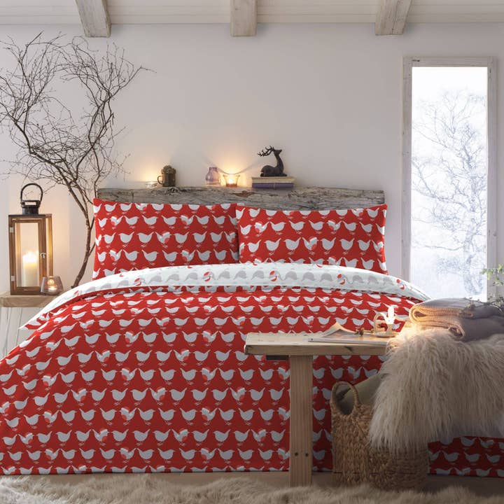 Geo Robin Duvet Cover Set by Fusion Christmas in Red for wholesale by UW Home