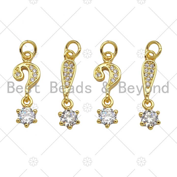 BestBeads&Beyond - Wholesale Individual Charm/Pendant - CZ Micro Pave Question Mark Exclamation Mark With Big CZ Pendant, 18K Dainty Gold Charm, Necklace Bracelet Charm Pendant,8x14mm,Sku#LK310