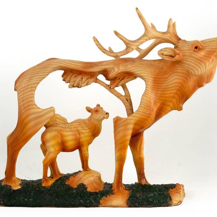 Mom Elk and Baby Walking in The Wild Faux Wood Figurine for wholesale by COMECO INC