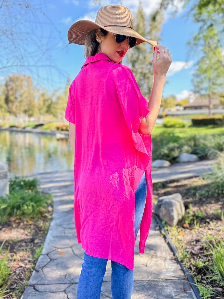 Fuchsia Oversized Sleeveless Button-Down Shirt with Slits for wholesale on Faire5