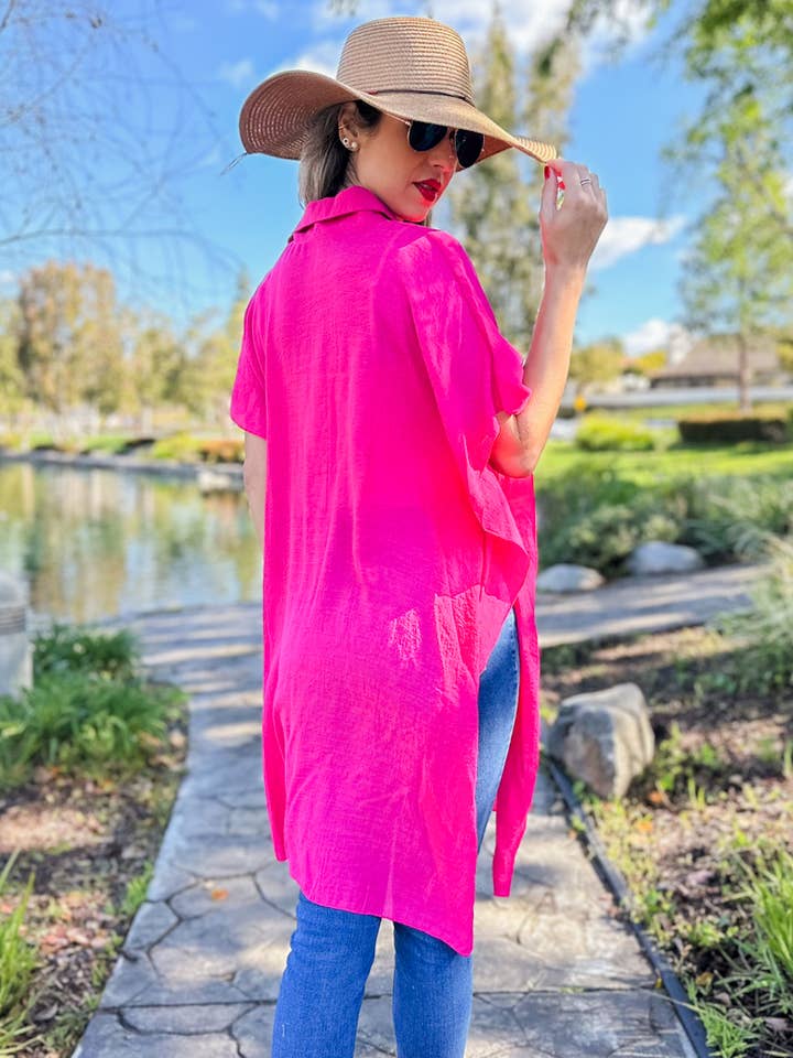 Fuchsia Oversized Sleeveless Button-Down Shirt with Slits for wholesale on Faire5