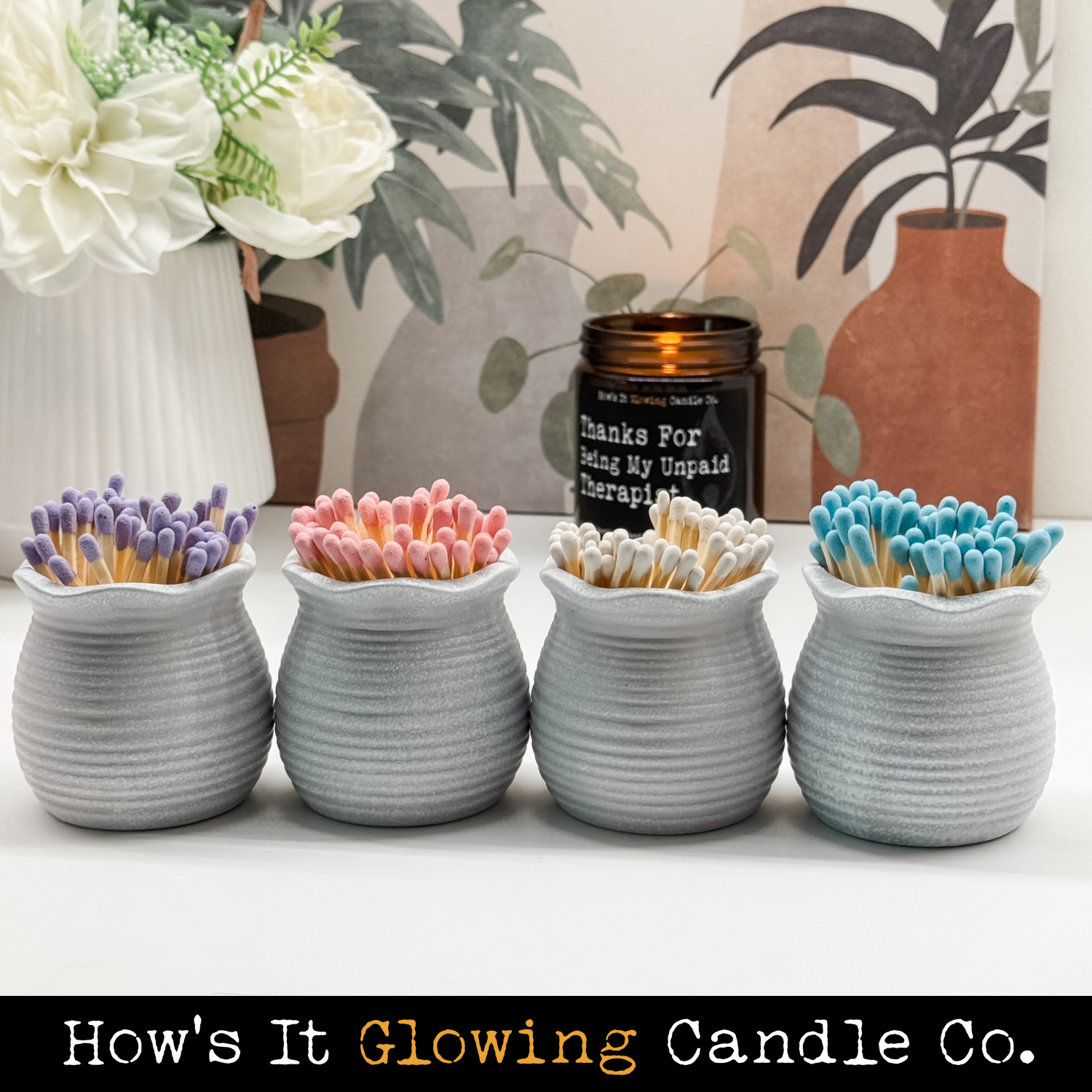 How's It Glowing Candle Co. - Wholesale Match Holder - Ceramic Match Holders With Striker On Bottom & 3" Matches4