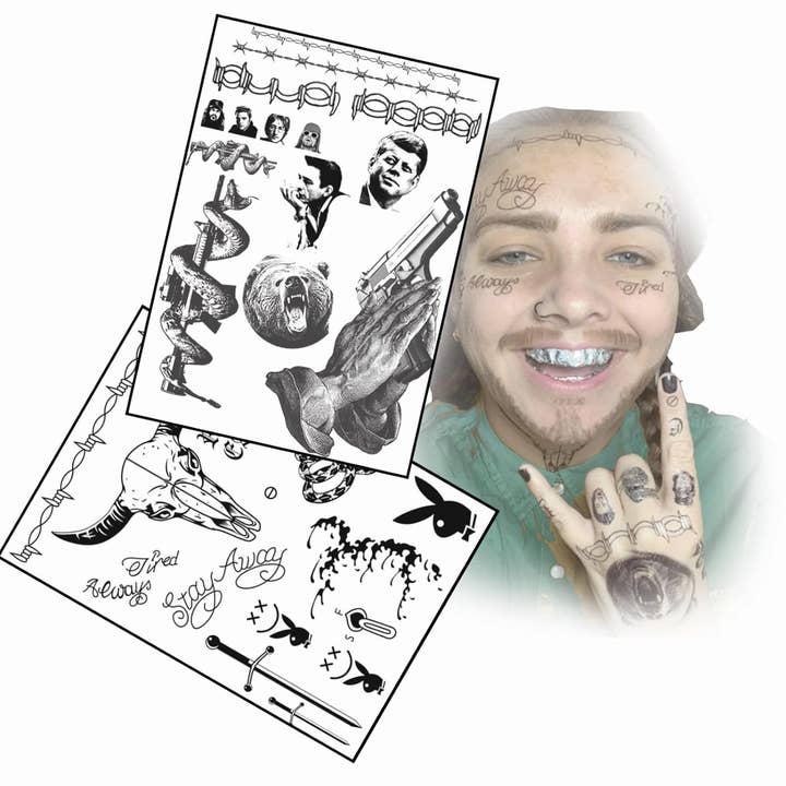 Tatouages temporaires inspirés par le rappeur Malone 2 feuilles pour la vente par Inkwear Temporary Tattoos