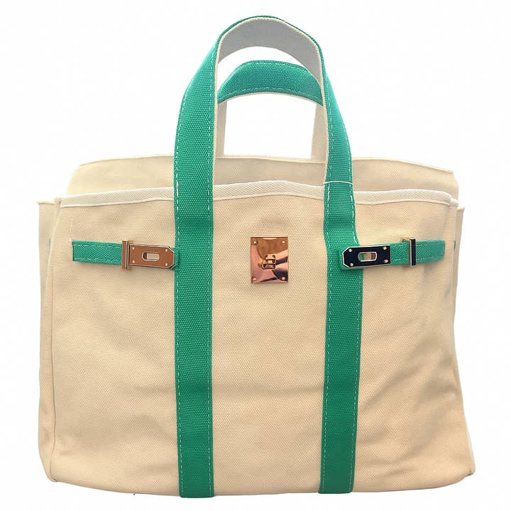 Runway Athletics - Wholesale Tote Bag - Women's - Canvas Tote Bag w/ Gold Buckle Hardware - Green Trim