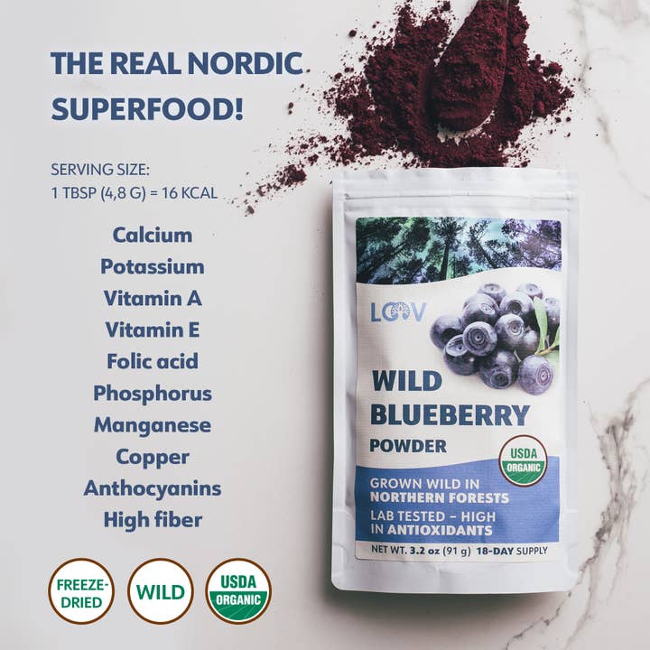 LOOV Organic Superfoods - Wholesale Protein/superfood powder - Freeze-Dried Organic Wild Blueberry Powder 3.2 oz2