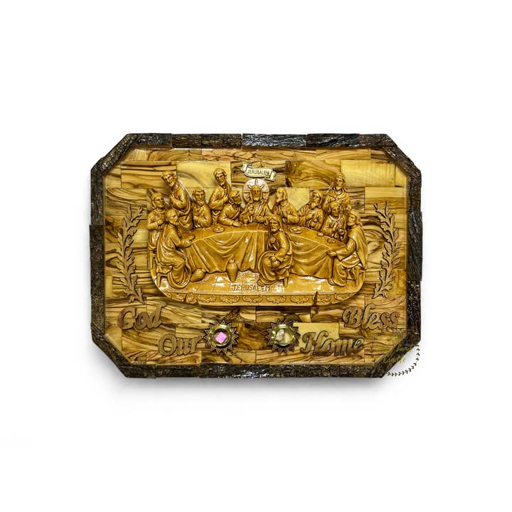 Olive Wood Last Supper With Natural Bark for wholesale by Holy Land Cradle