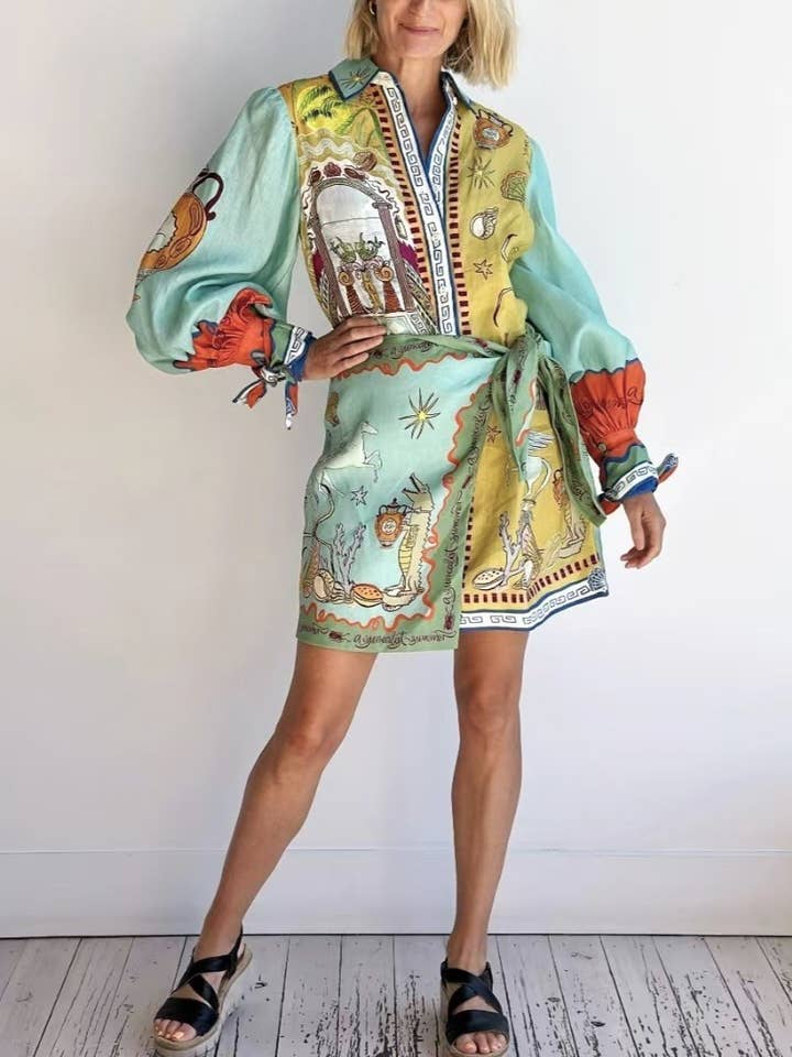 Printed Unique Surrealist Prints Wrap Shirt Dress for wholesale on Faire1