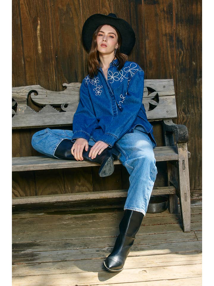 Denim Shacket with Embroidery - RT1127 for wholesale on Faire1