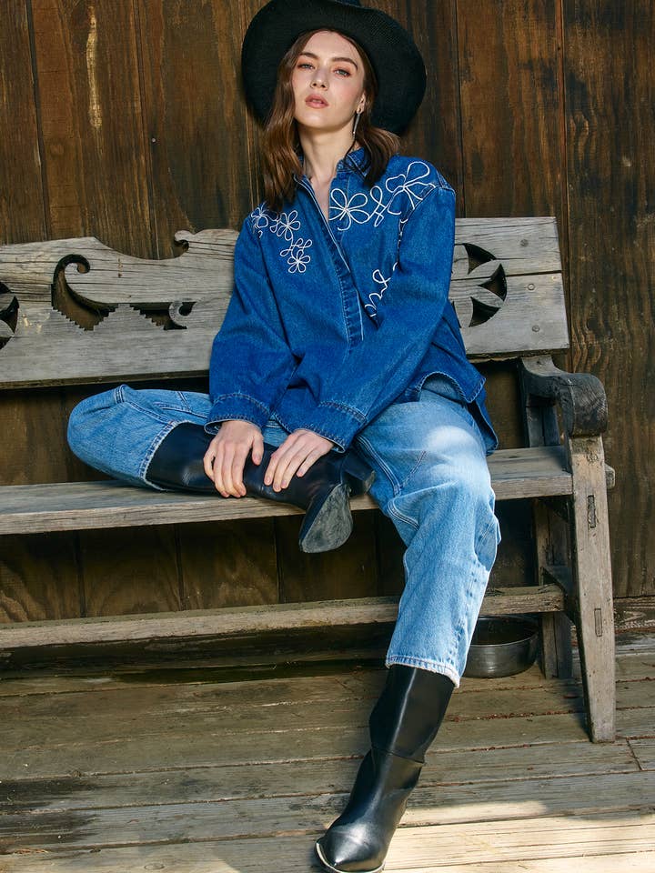 Denim Shacket with Embroidery - RT1127 for wholesale on Faire