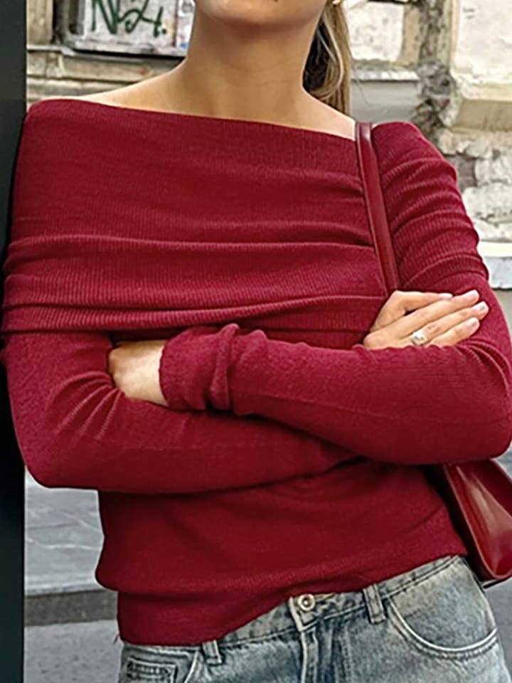 WINE Off-Shoulder Knit Top for wholesale on Faire7