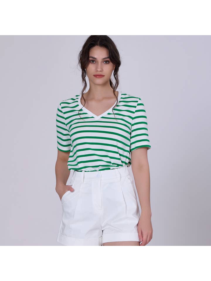 Smart and Joy - Wholesale T-Shirt - Women's - V-neck cotton sailor t-shirt