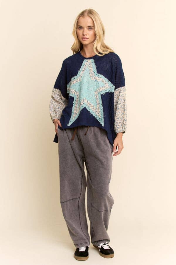Navy MULTI STAR PATCHWORK DITSY SLEEVE WAFFLE KNIT TOP for wholesale on Faire
