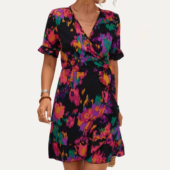 The Moment Collection - Wholesale Dress - Women's - Flirtly Print Surplice Neck Short Sleeve Wrap Mini Dress
