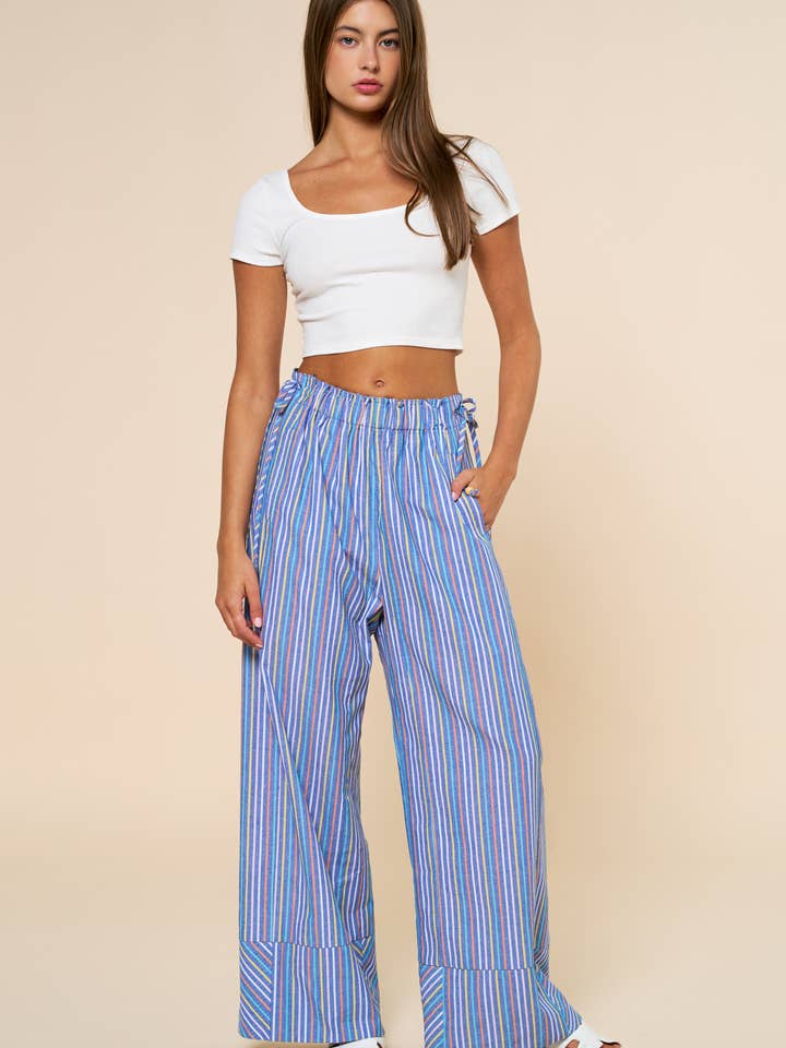 Multicolor Side-Tie Wide-Leg Linen Pants with Beaded Detail for wholesale by Lalavon