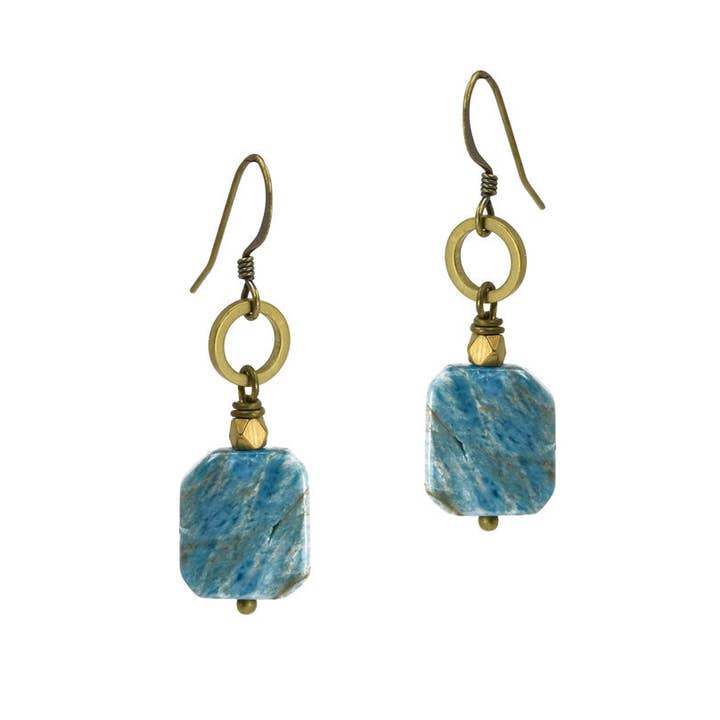 Blue Green Apatite Stone Slab Square Circle Earrings for wholesale by Edgy Petal Jewelry