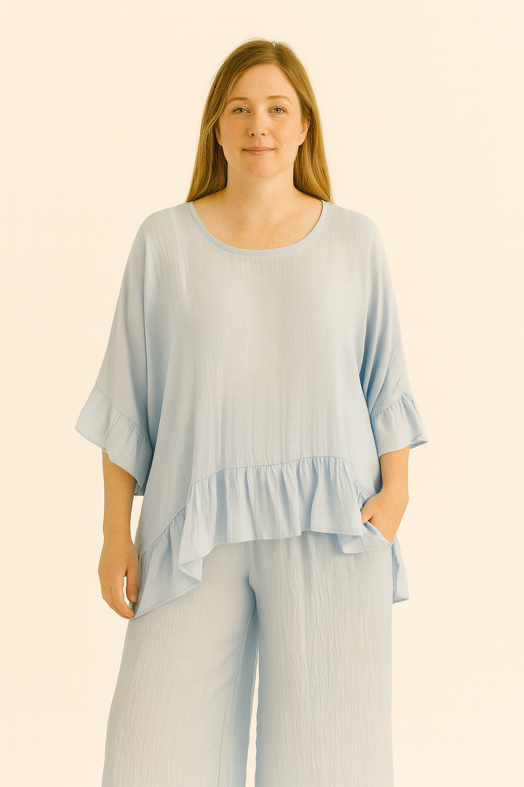 Lucy Sparks – Conjunto de top e calça (roupa NÃO Casual) - Mulher por atacado – CONJUNTO PLUS SIZE DE TOP E CALÇAS COM BAINHA FRANZIDA1