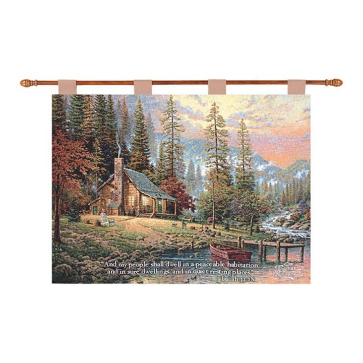 A Peaceful Retreat W/ Verse Wall Hanging Tapestry By Thomas Kinkade Studios for wholesale by Playful Tail