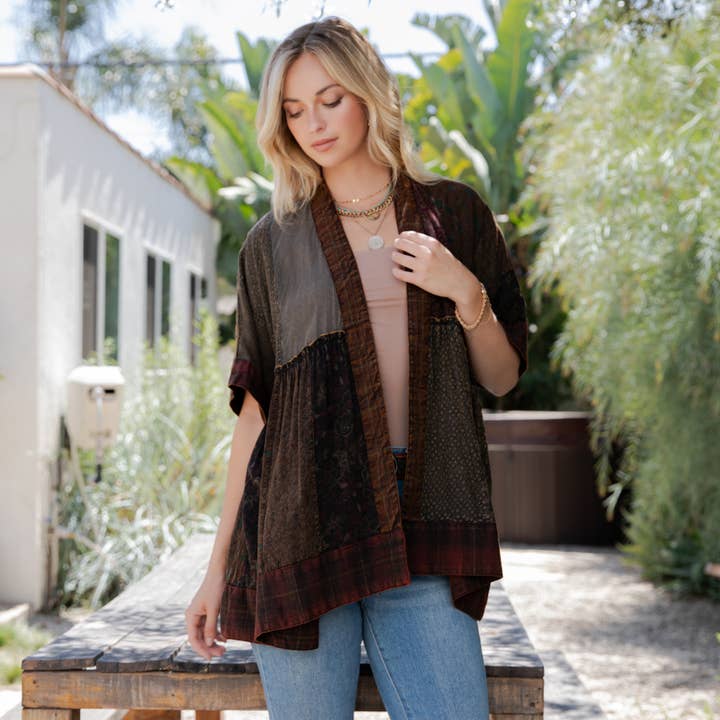 Young Threads - Wholesale Kimono - Women's - Mixed Patch Kimono Shrug with Draped Asymmetric Hem4