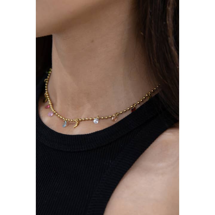 White Leaf - Wholesale Beaded/Pearl Necklace - Glass Bead Necklace in Rainbow & Gold