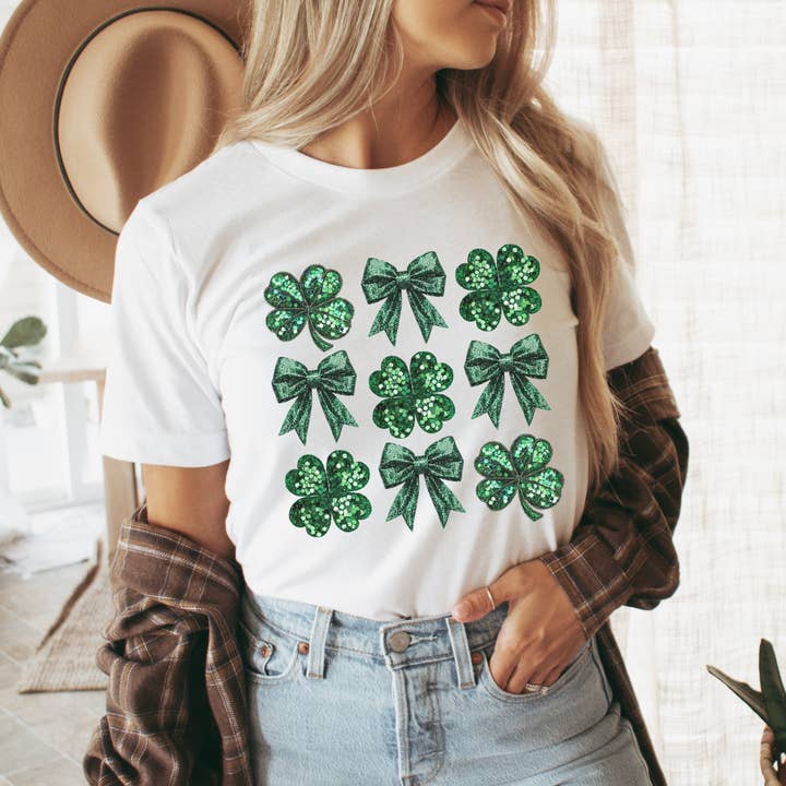 St. Patrick's Day green bow trendy coquette graphic t-shirt for wholesale by ATTA TOOD LLC