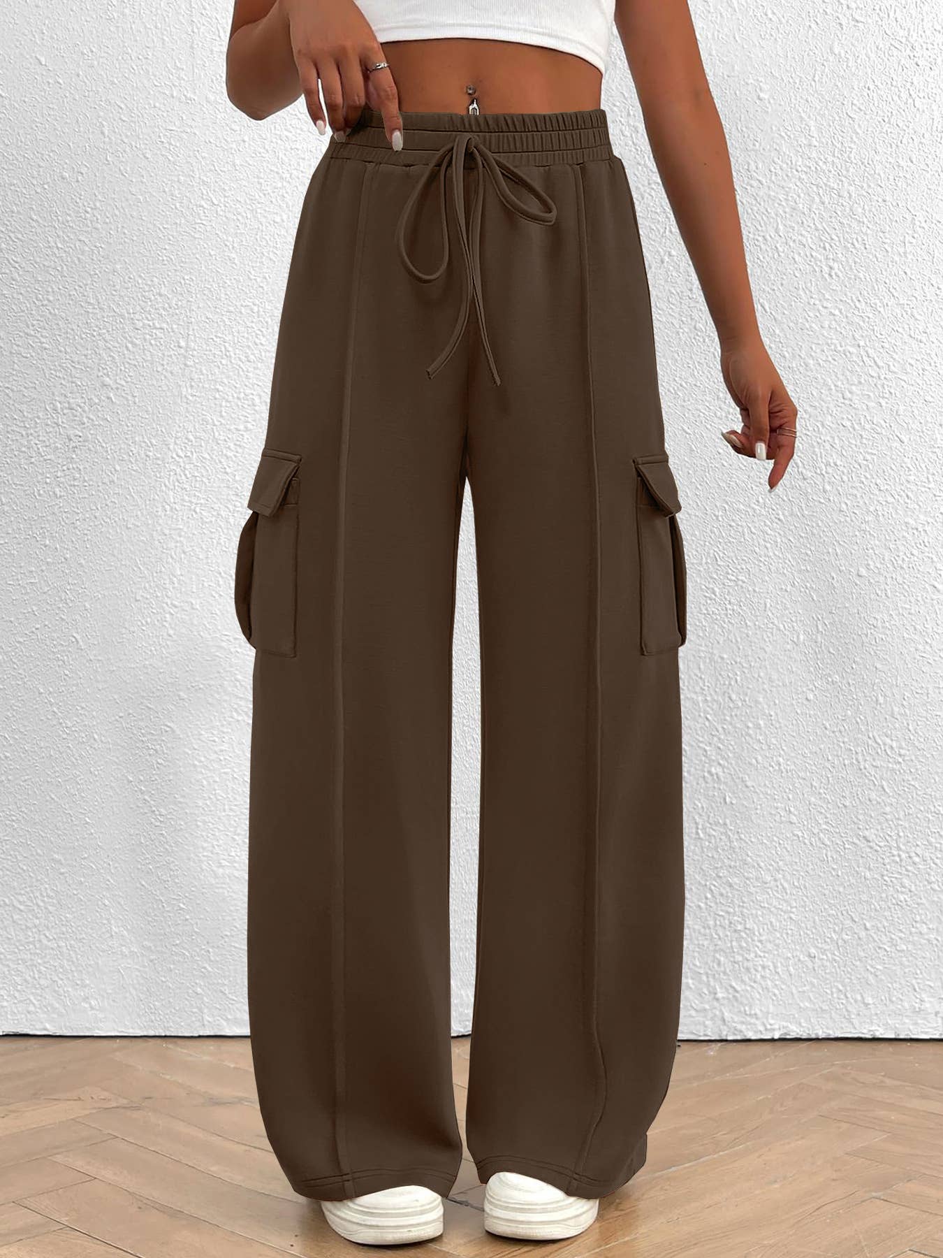 Rosa Clothing - Wholesale Pants - Women's - Casual Loose Fit Cargo Pants Drawstring Waist Wide Leg Pants5