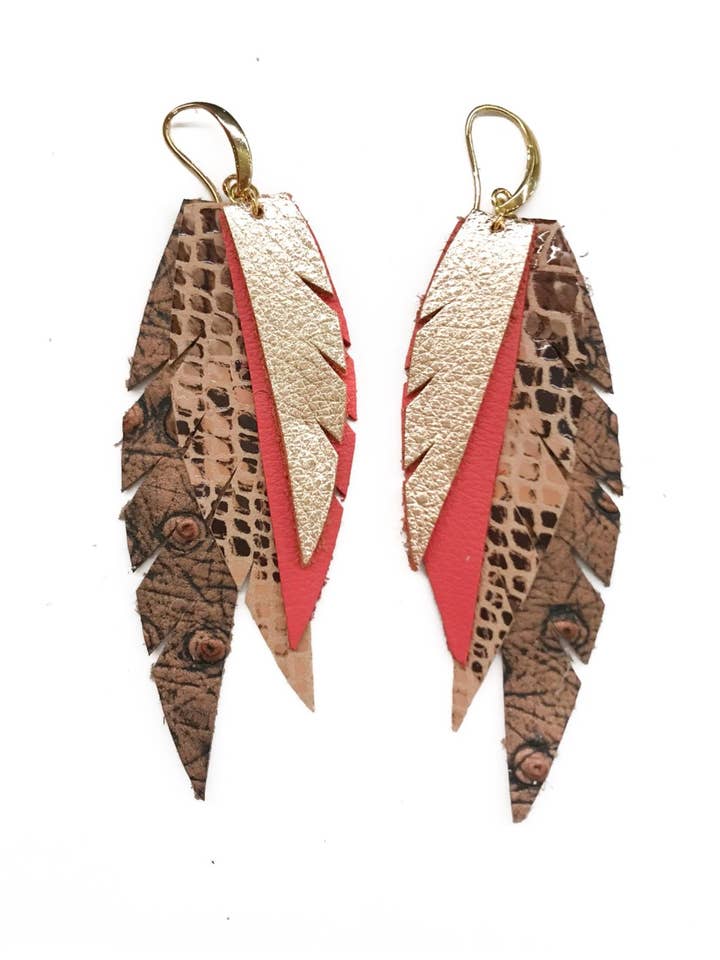 Layered Leather Earring- Peach Snakeskin for wholesale by The Supply Society