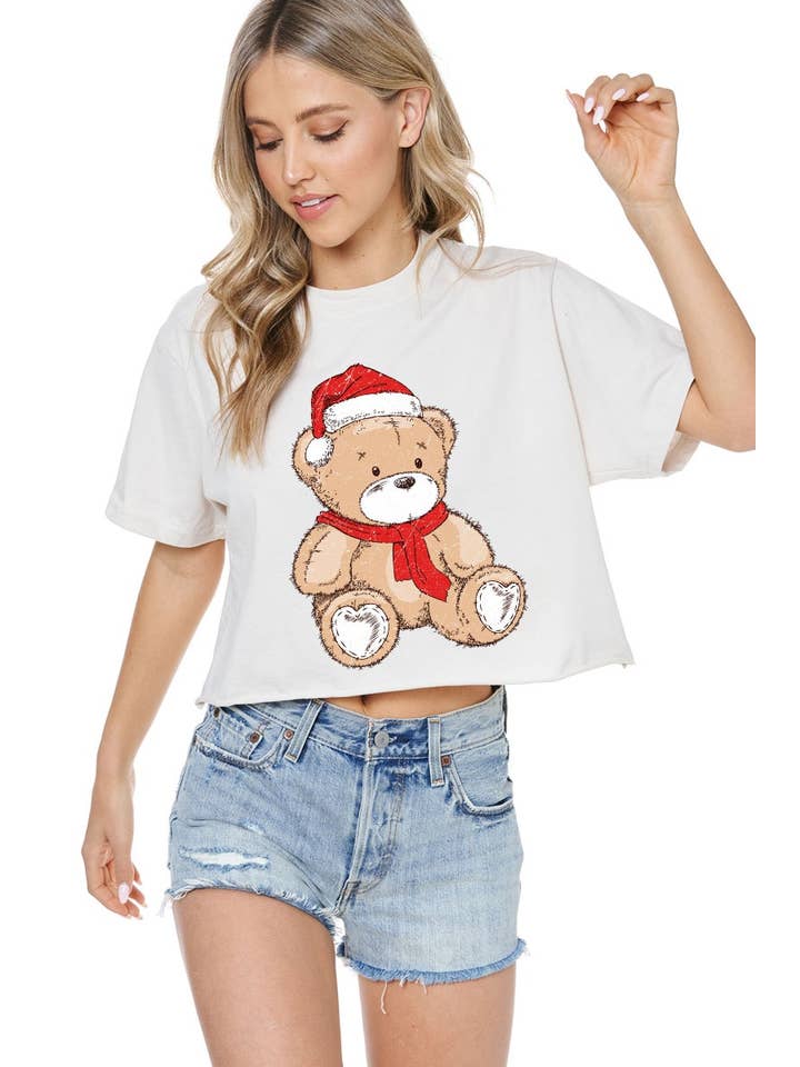 Zutter - Wholesale Screen Printed T-Shirt - Women's - Christmas Teddy Bear Graphic S/S Faux Cropped Tee