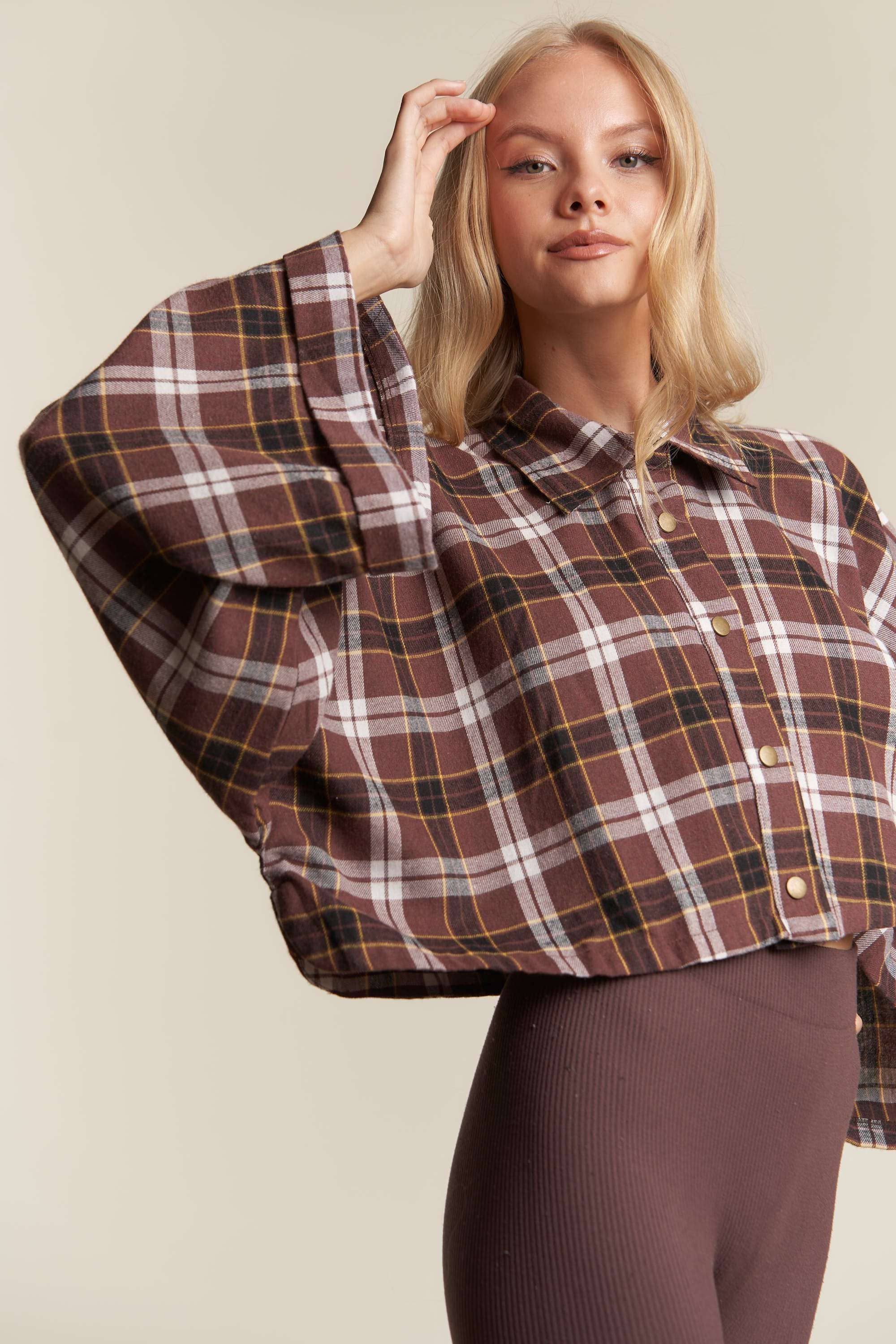 BROWN COMBO WIDE SLEEVE SNAP BUTTON DOWN PLAID SHIRT JACKET for wholesale on Faire3