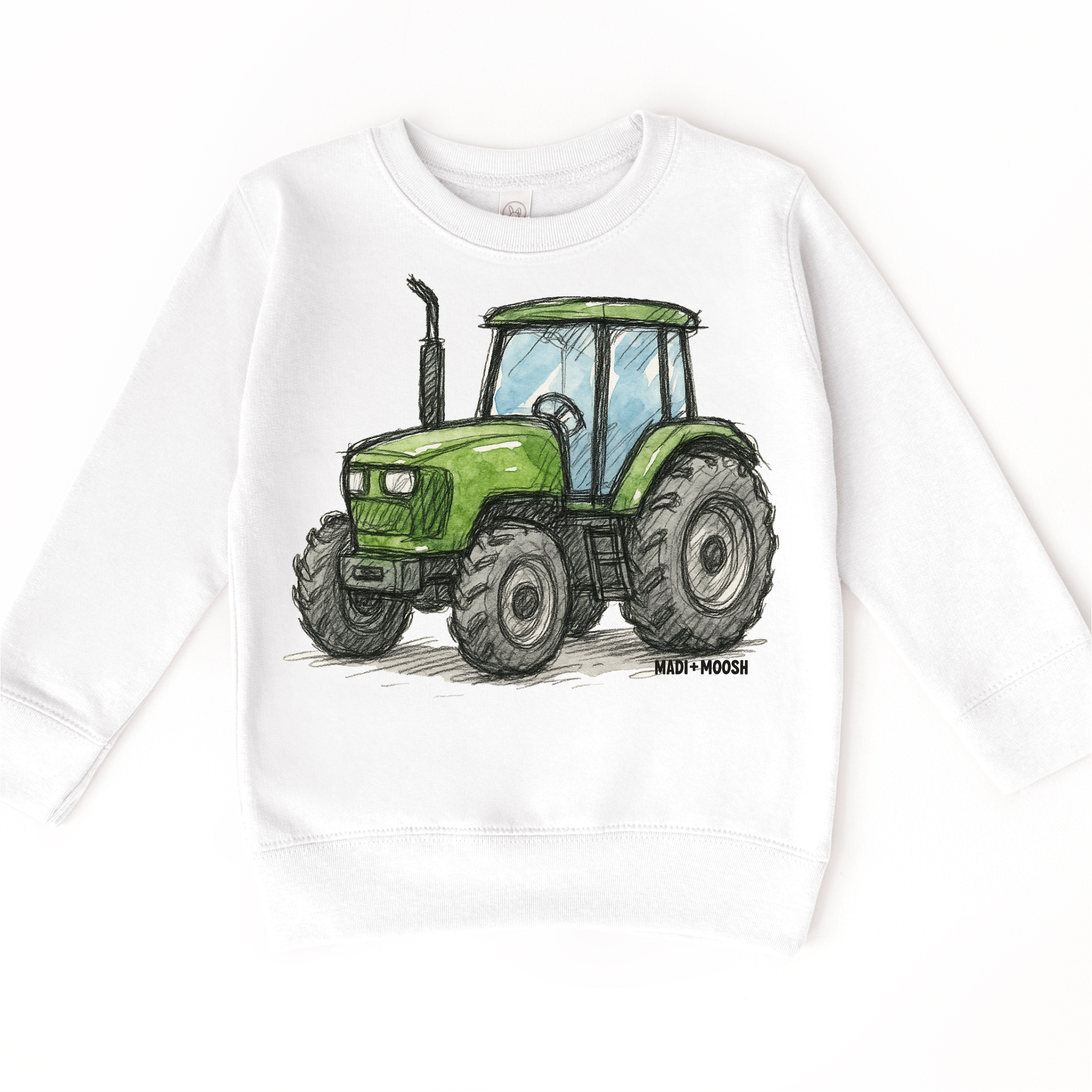 Madi Moosh - Wholesale Screen Printed T-Shirt - Kids - Green Farm Tractor Country T-Shirt - Retro Sketch Art Tee0