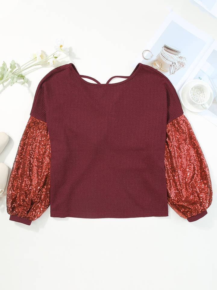 FASHION BLVD - Wholesale Knit Top - Women's - FB Sequin Waffle Patchwork Sleeve Open Back Top4