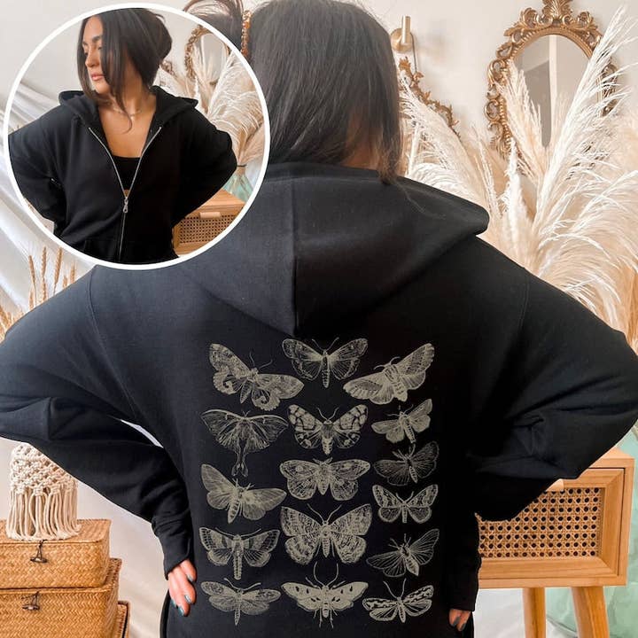Moth Hoodie Zip Up | Graphic Nature Hoodie for wholesale by Sisterly Gifts Shop