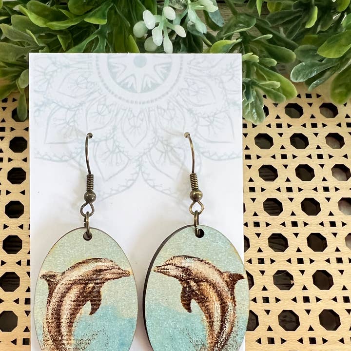Dolphin waves lightweight hand painted wood earrings for wholesale by Seasideblooms