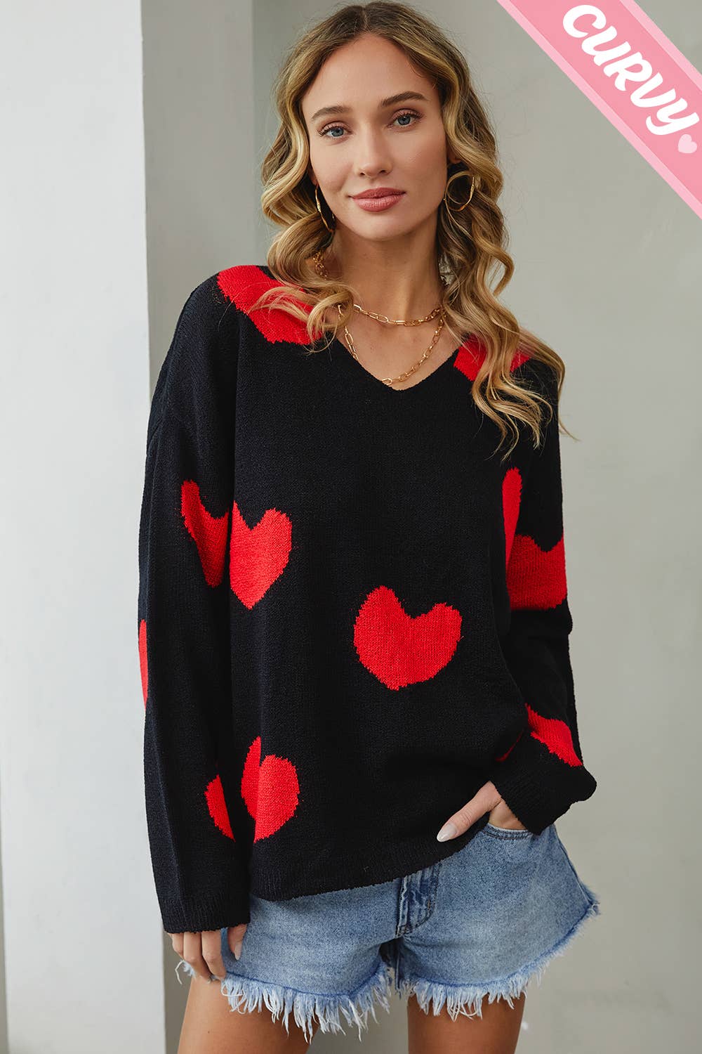 Sweet Lovely by Jen – Engroshandel Pullover - Dame – SW220PL MULTI HJERTE SWEATER PLUS STØRRELSE6