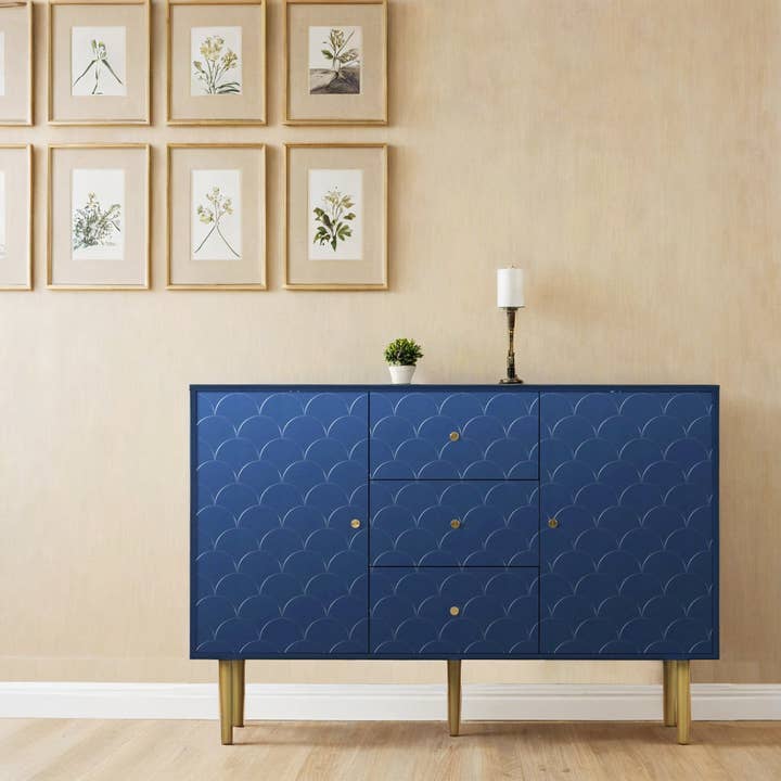 Urban Meuble - Wholesale Cabinet - High sideboard with 2 doors and 3 navy blue drawers with scale pattern H82/B120/T40 AIKETS7